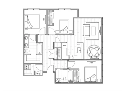 black and white floor plan of a modern apartment